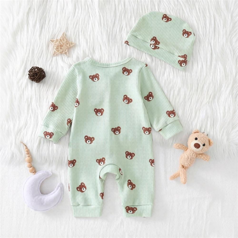 2PCS Lovely Bear Printed Long Sleeve Baby Jumpsuit