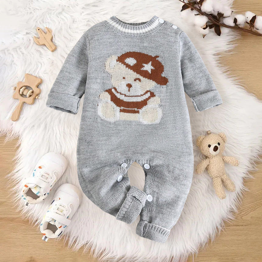 Cute Cartoon Bear Pattern Knitted Long Sleeve Baby Jumpsuit