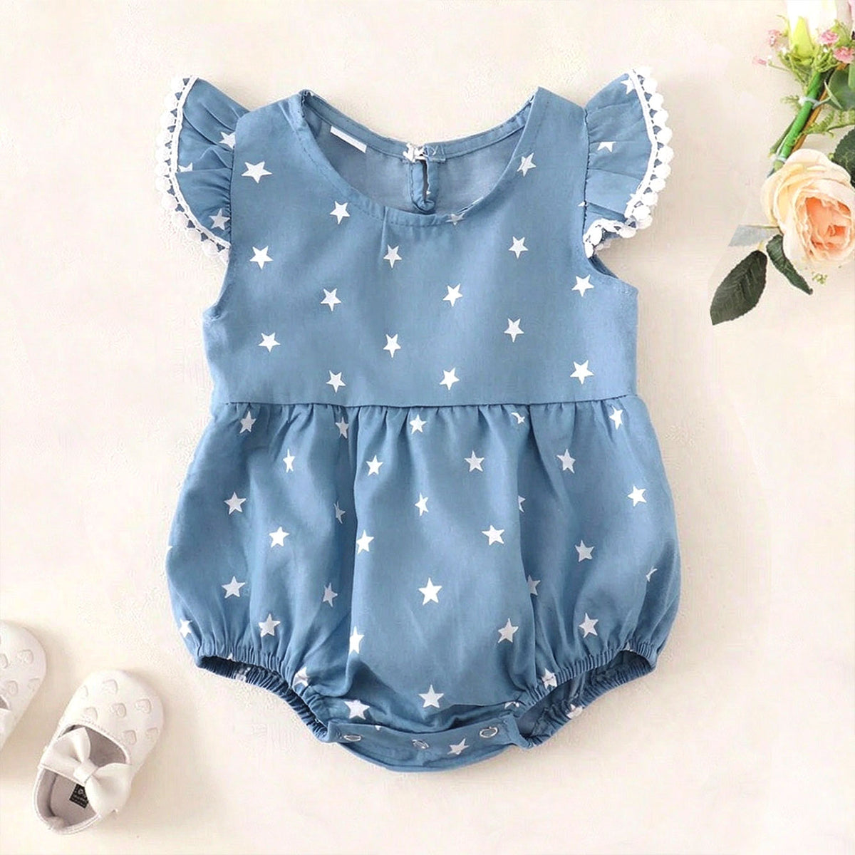 Sweet Allover Stars Print Flutter Sleeve Baby Girl Romper