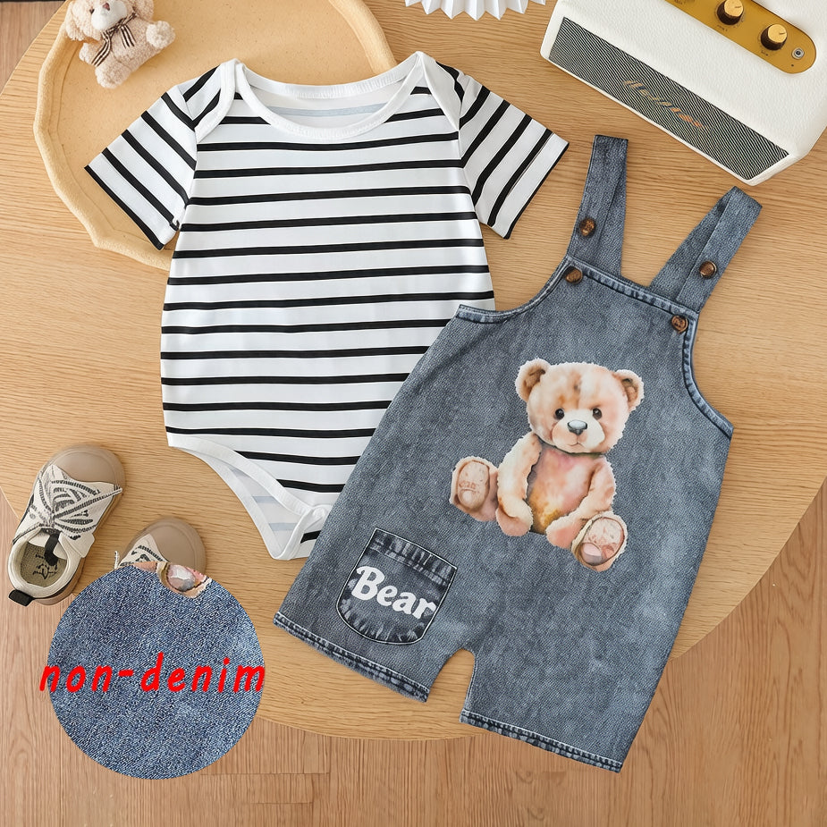 2PCS Cute Teddy Bear & Stripe Print Short Sleeve Overalls Baby Set