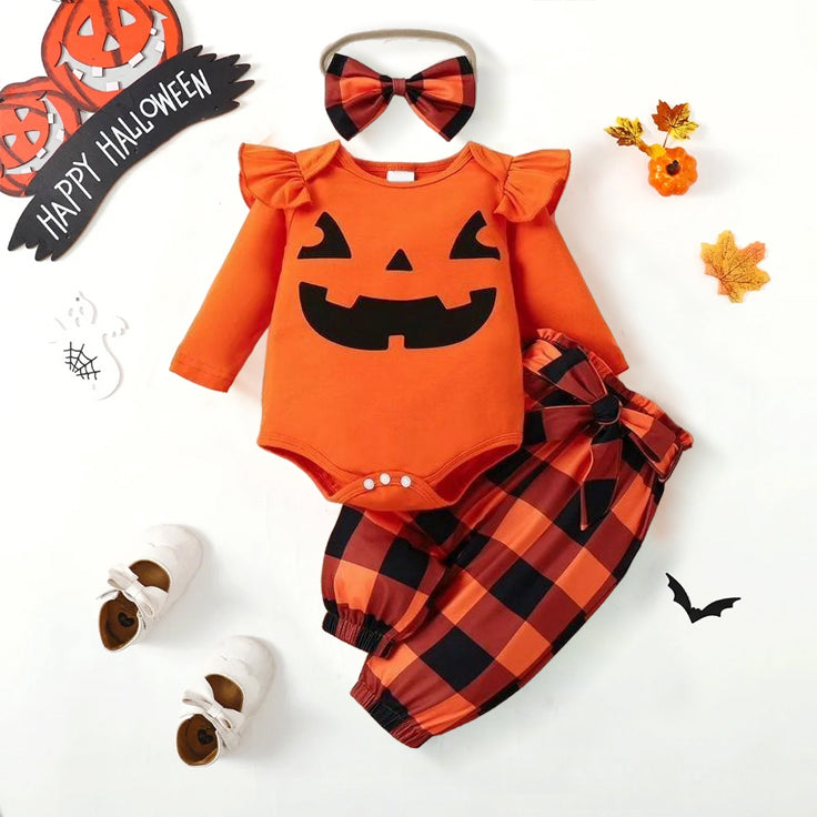 3PCS Pumpkin and Plaid Printed Long Sleeve Baby Set