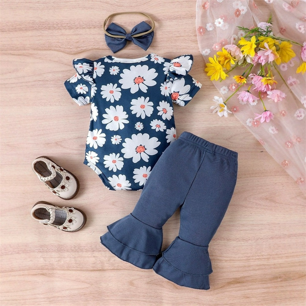 3PCS Casual Cute Floral Print Short Sleeve Baby Set