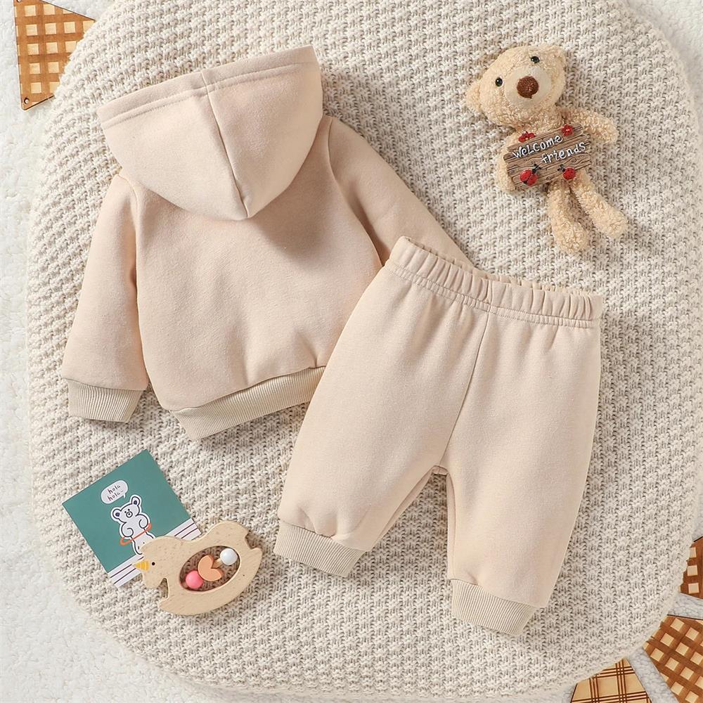 2PCS Solid Color Bear Pocket Long Sleeve Hooded Baby Set
