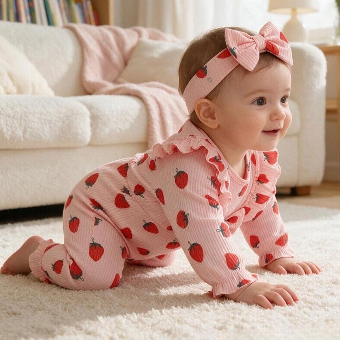 2PCS Bubbly Strawberry Print Long Sleeve Baby Girl Jumpsuit