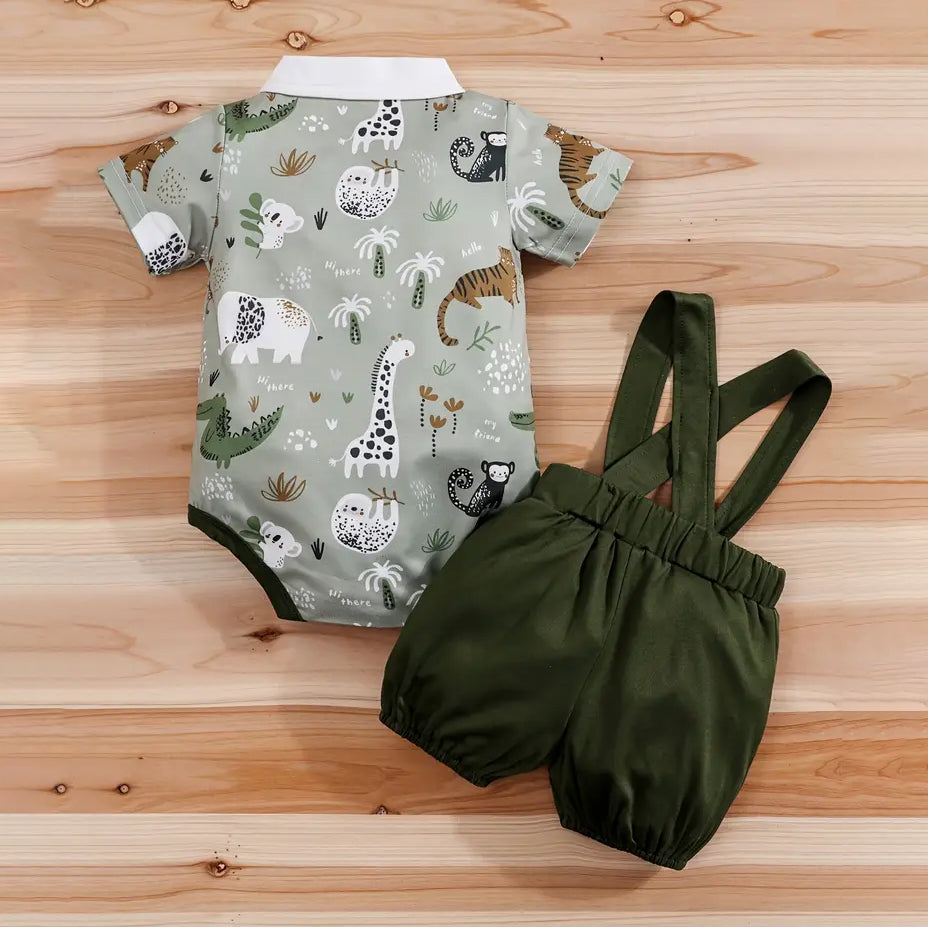 2PCS Summer Animal Printed Gentleman's Tie Short Sleeve Baby Set