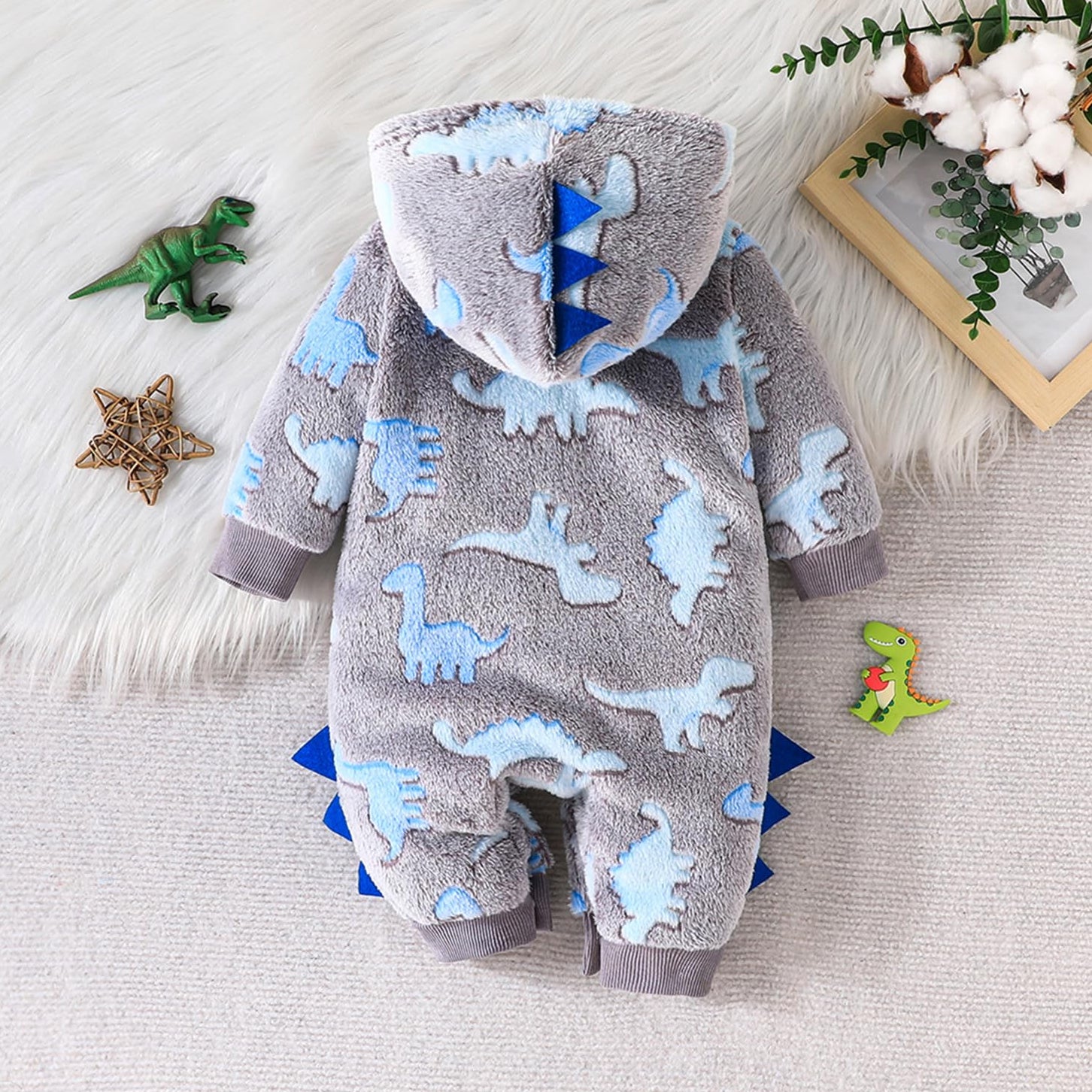 Cozy Cartoon Dinosaur Pattern Plush Hooded Baby Jumpsuit