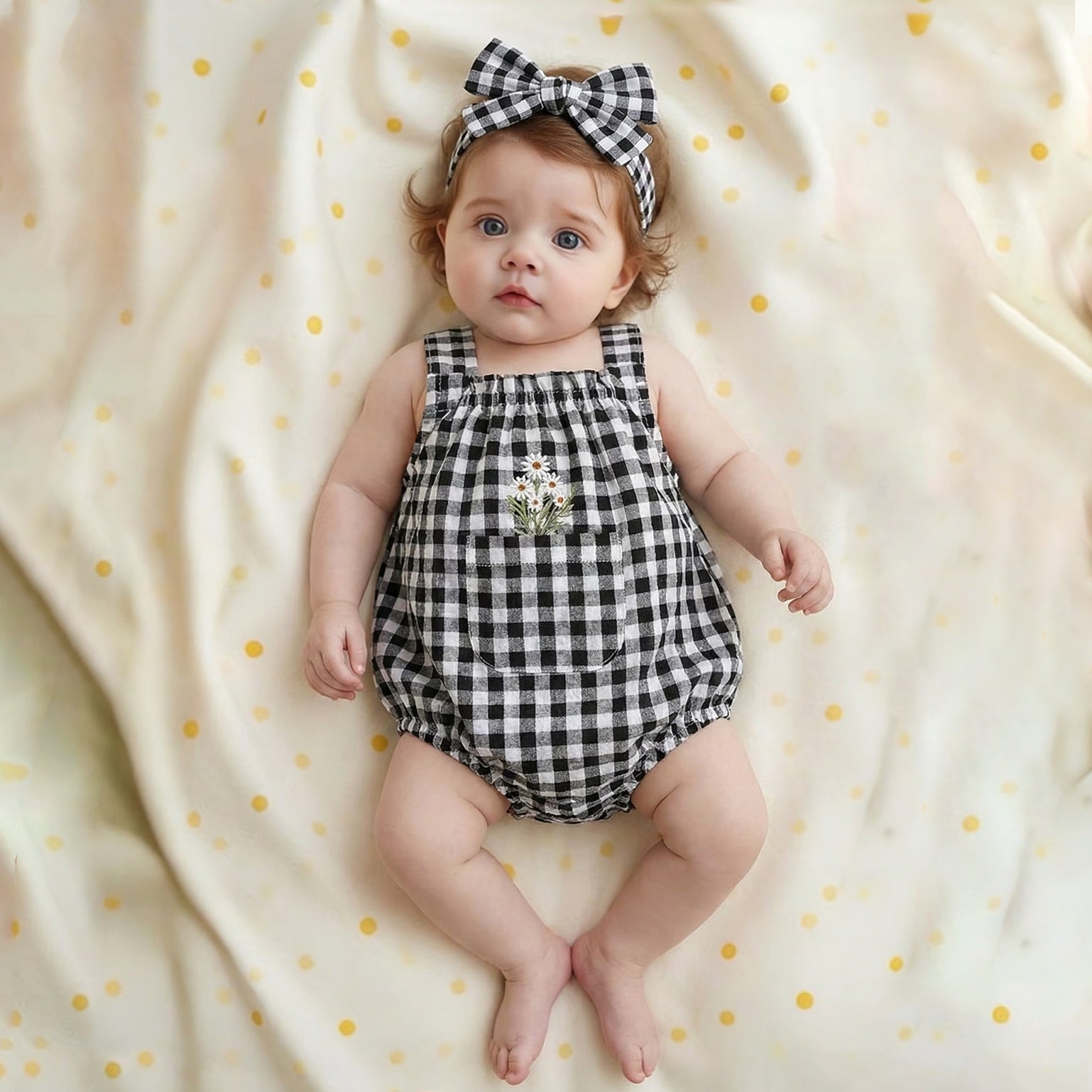 2PCS Cute Daisy & Plaid Printed Sleeveless Baby Romper