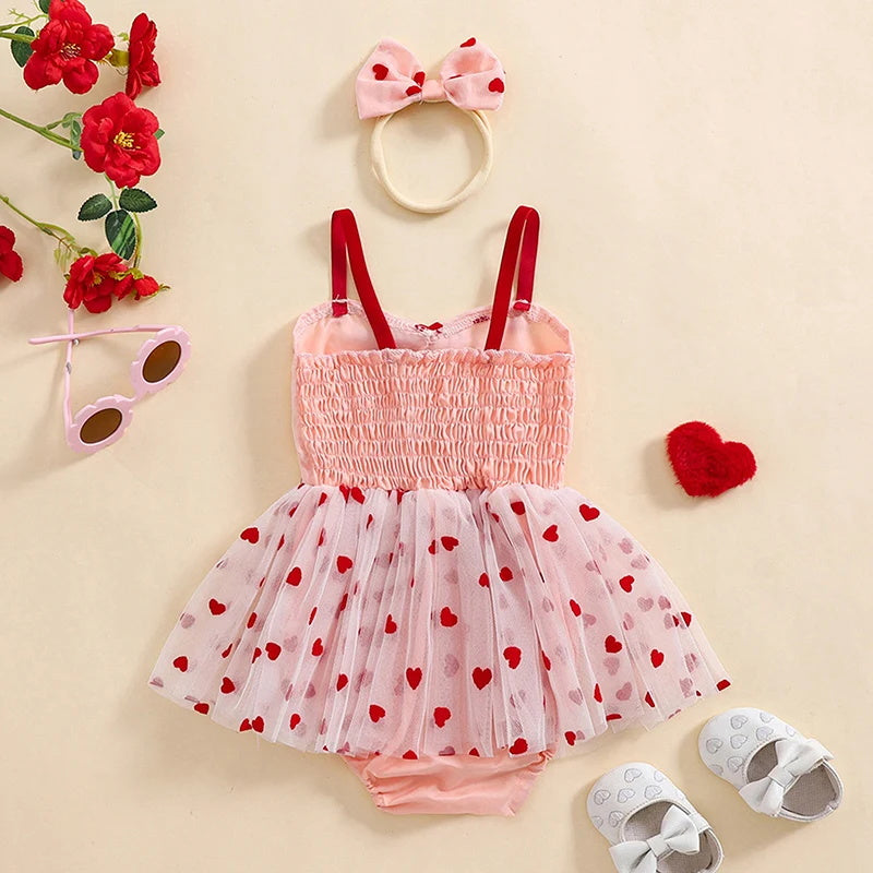 2PCS Chic Heart Print Tulle Sleeveless Baby Romper