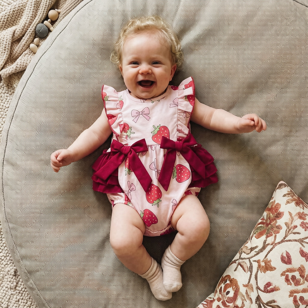 Cute Strawberry and Bow Print Ruffle Sleevelss Baby Romper