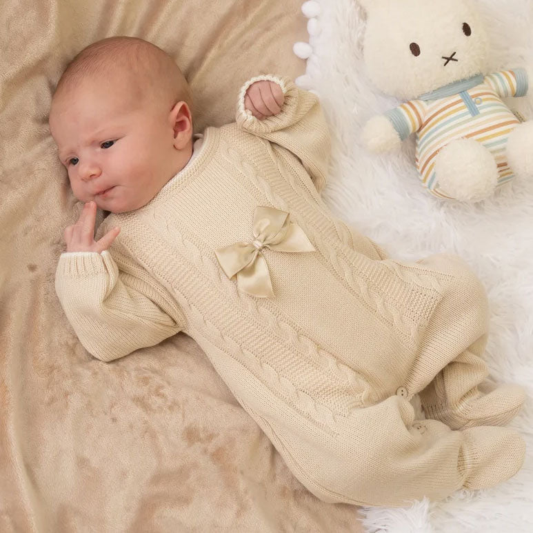 Pure Knit Solid Color Bowknot Decor Long Sleeve Baby Jumpsuit