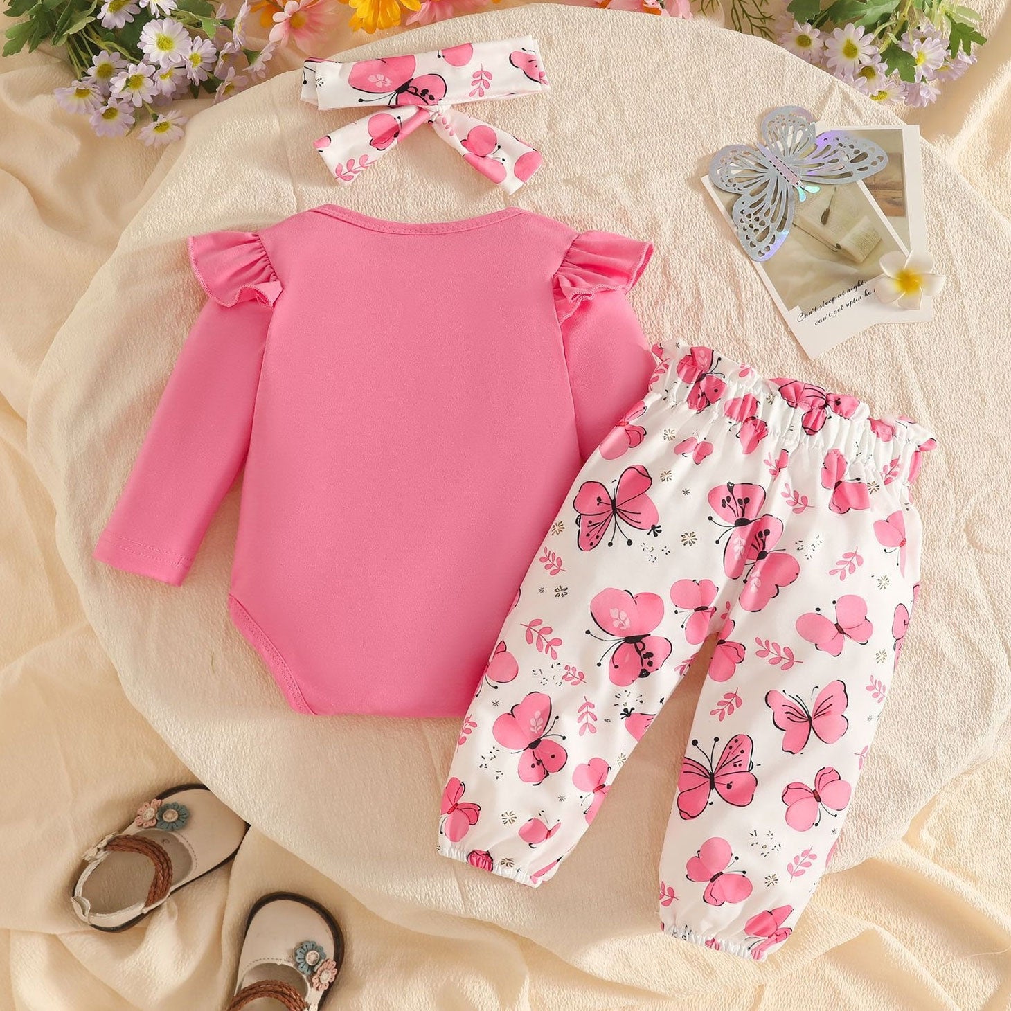 3PCS Daddy's Girl Mommy's World Letter Butterfly Print Baby Set