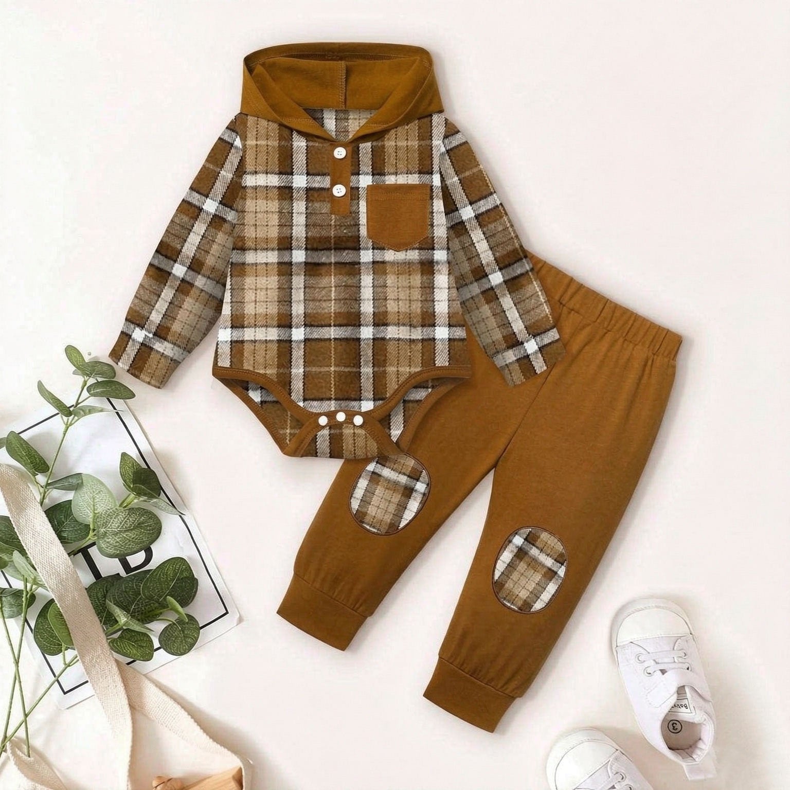 2PCS Dapper Plaid Printed Long Sleeve Hooded Baby Boy Set