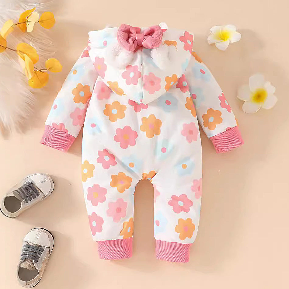 Lovely Floral Printed Long Sleeve Baby Hooded Jumpsuit