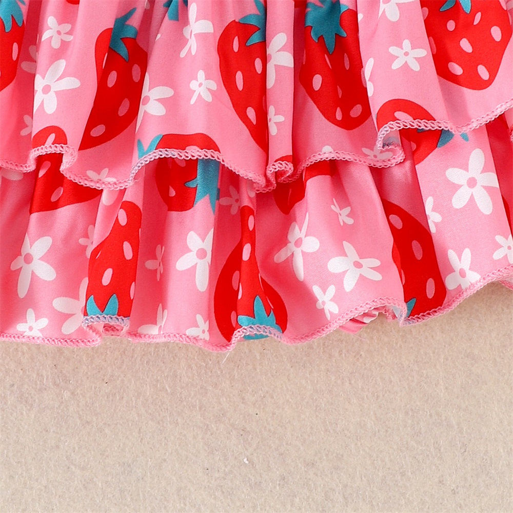 4PCS Sweet One Letter Strawberry Print Short Sleeve Baby Set