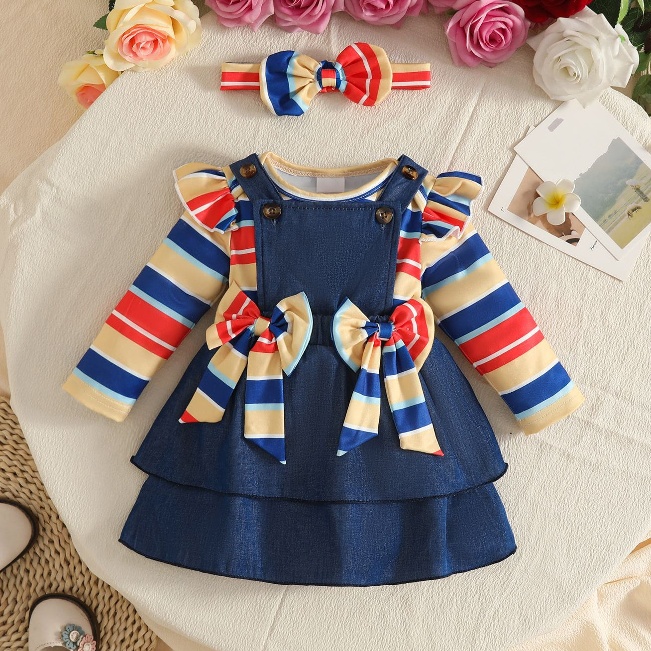 3PCS Chic Color-Block Stripe Print Denim Long Sleeve Baby Set