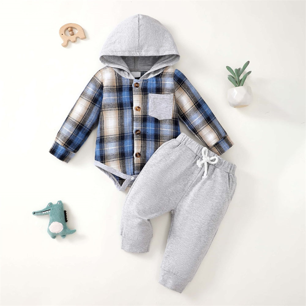 2PCS Stylish Comfy Plaid Print Long Sleeve Baby Hooded Set