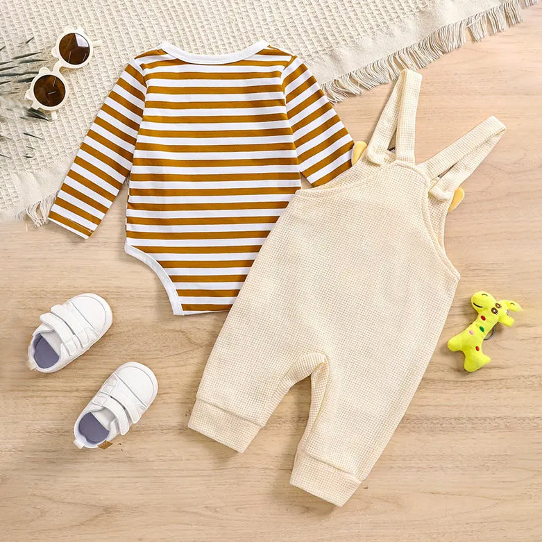 2PCS Stripe Giraffe Printed Long Sleeve Baby Overalls Set