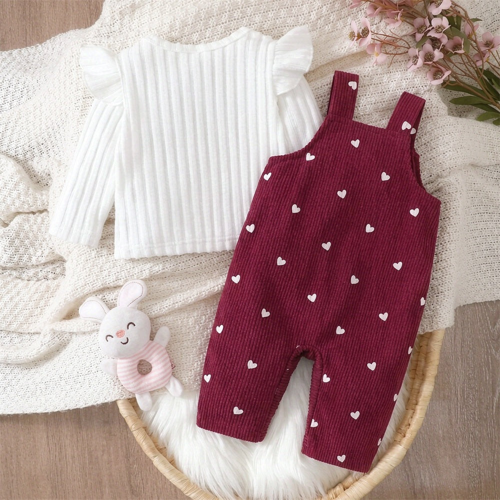 2PCS Bear Applique Heart Print Long Sleeve Corduroy Baby Overalls Set