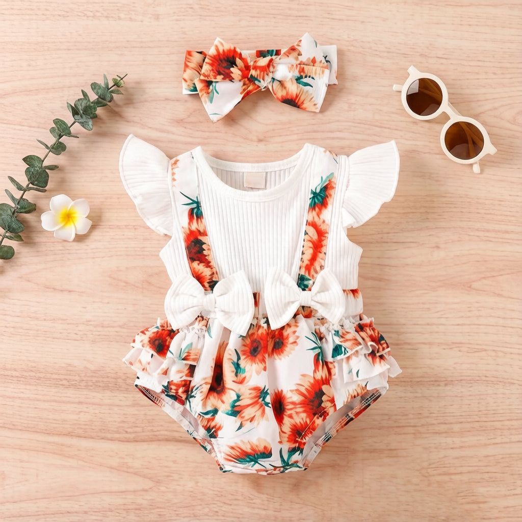 2PCS Fresh Sunflower Print Flutter Sleeve Baby Romper