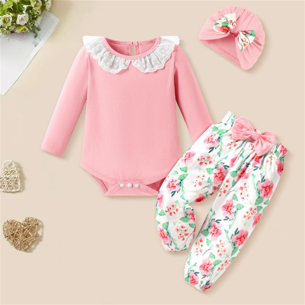 3PCS Sweet Floral Print Lace Trim Long Sleeve Baby Set