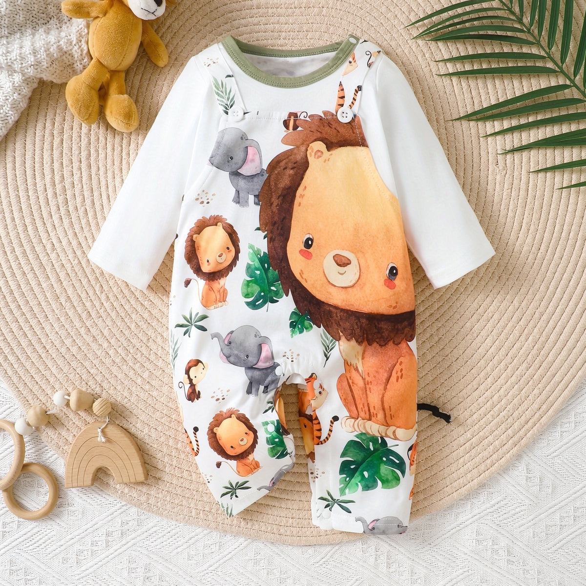 Casual Lion Elephant Print Faux Layer Long Sleeve Baby Jumpsuit