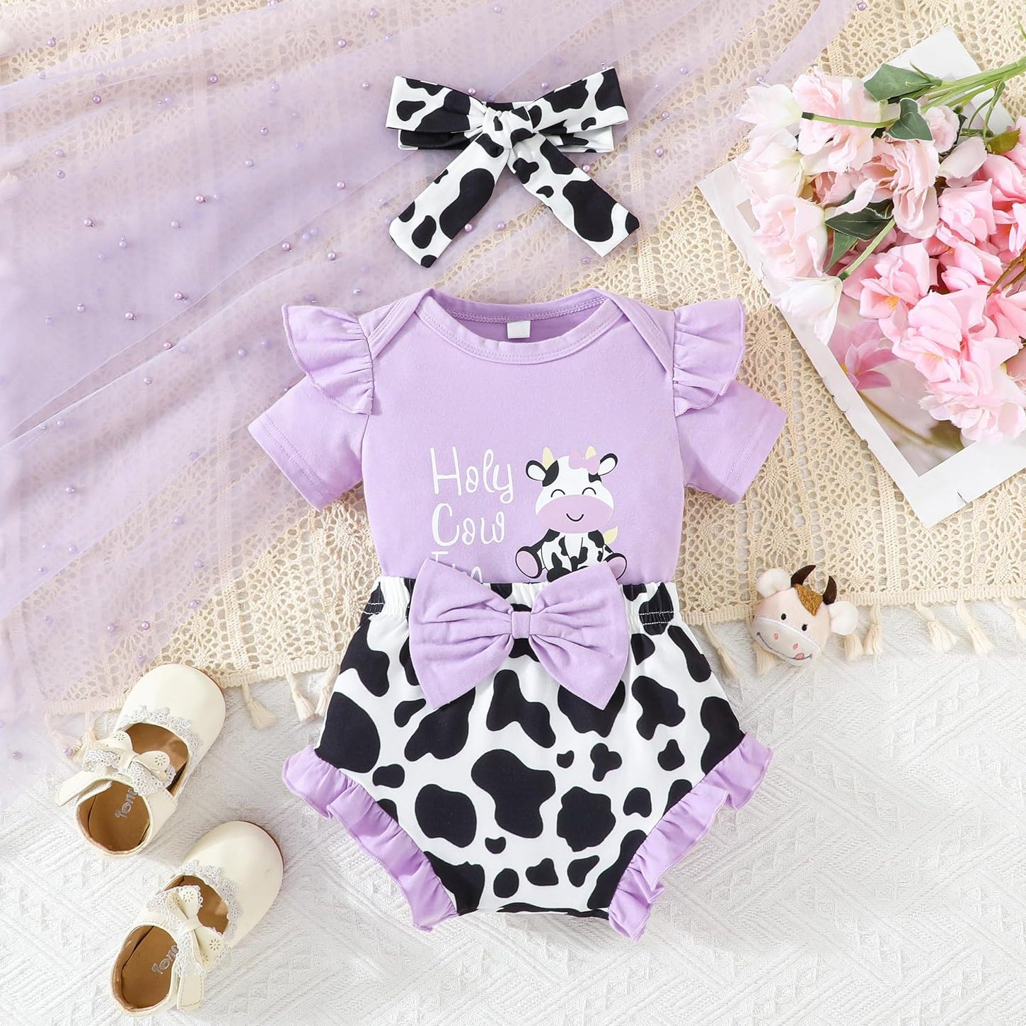 3PCS Holy Cow I'm Cute Letter Print Short Sleeve Baby Set
