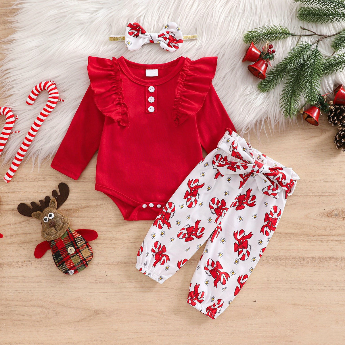 3PCS Lovely Candy Cane and Bow Print Long Sleeve Baby Set