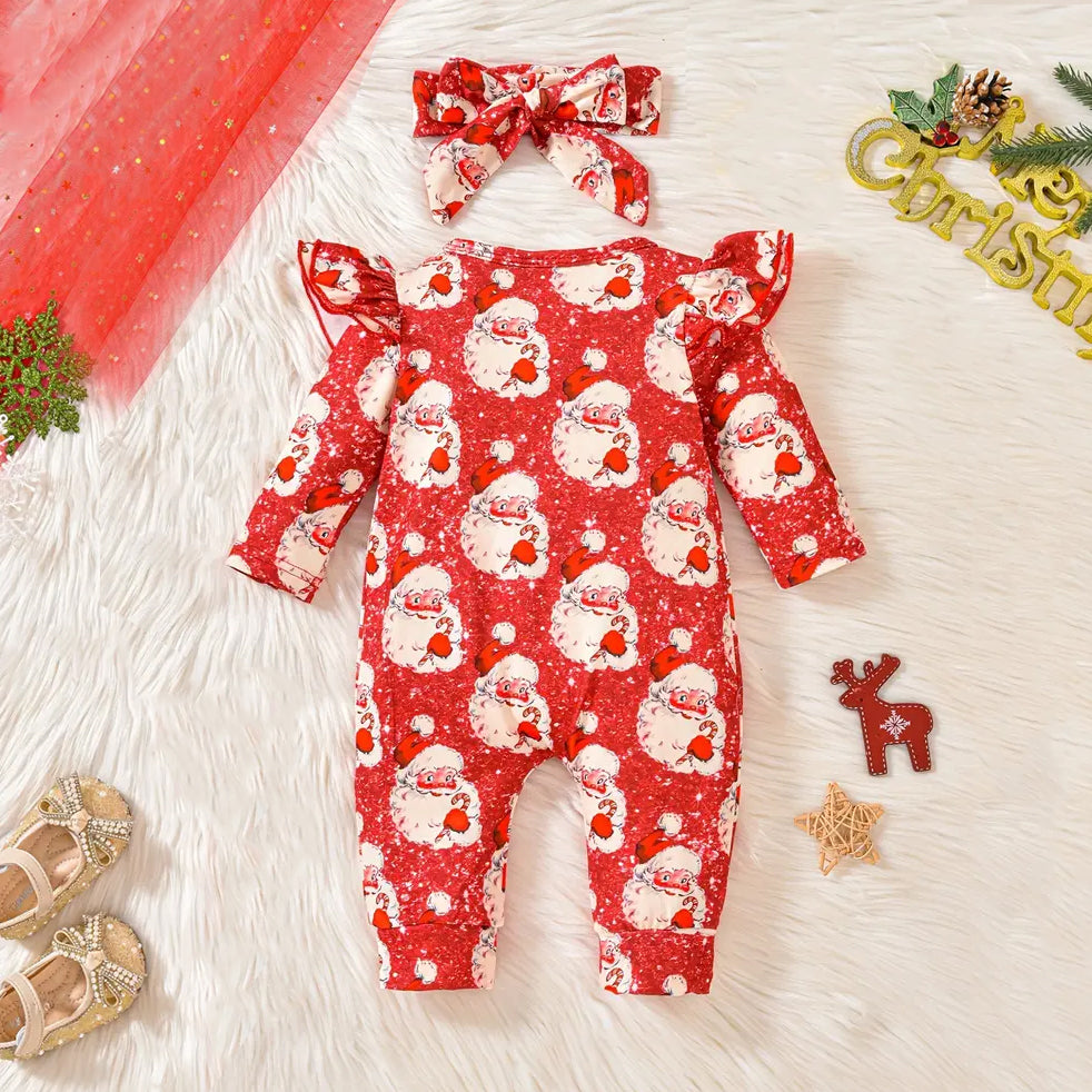 2PCS Christmas Santa Claus Printed Long Sleeve Zipper Baby Jumpsuit