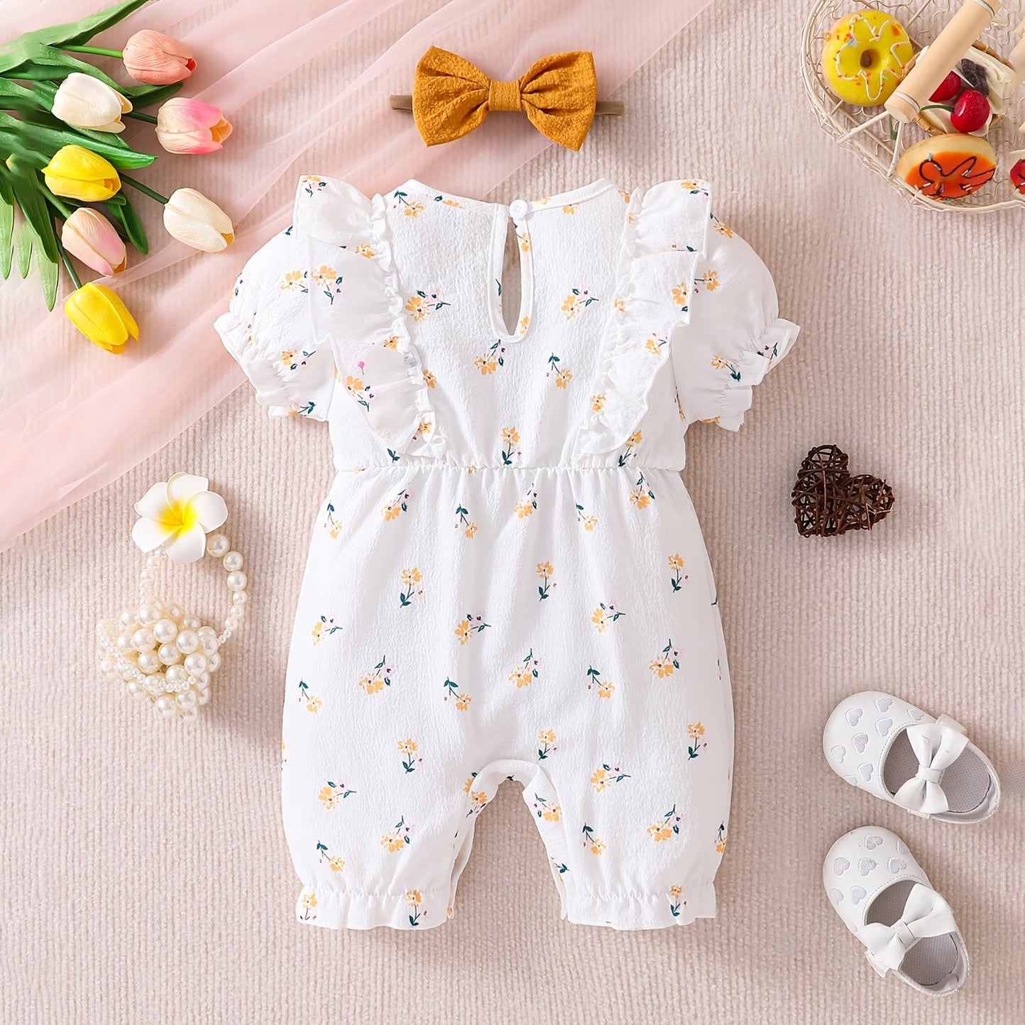 2PCS Cheerful Floral Print Baby Girl Jumpsuit