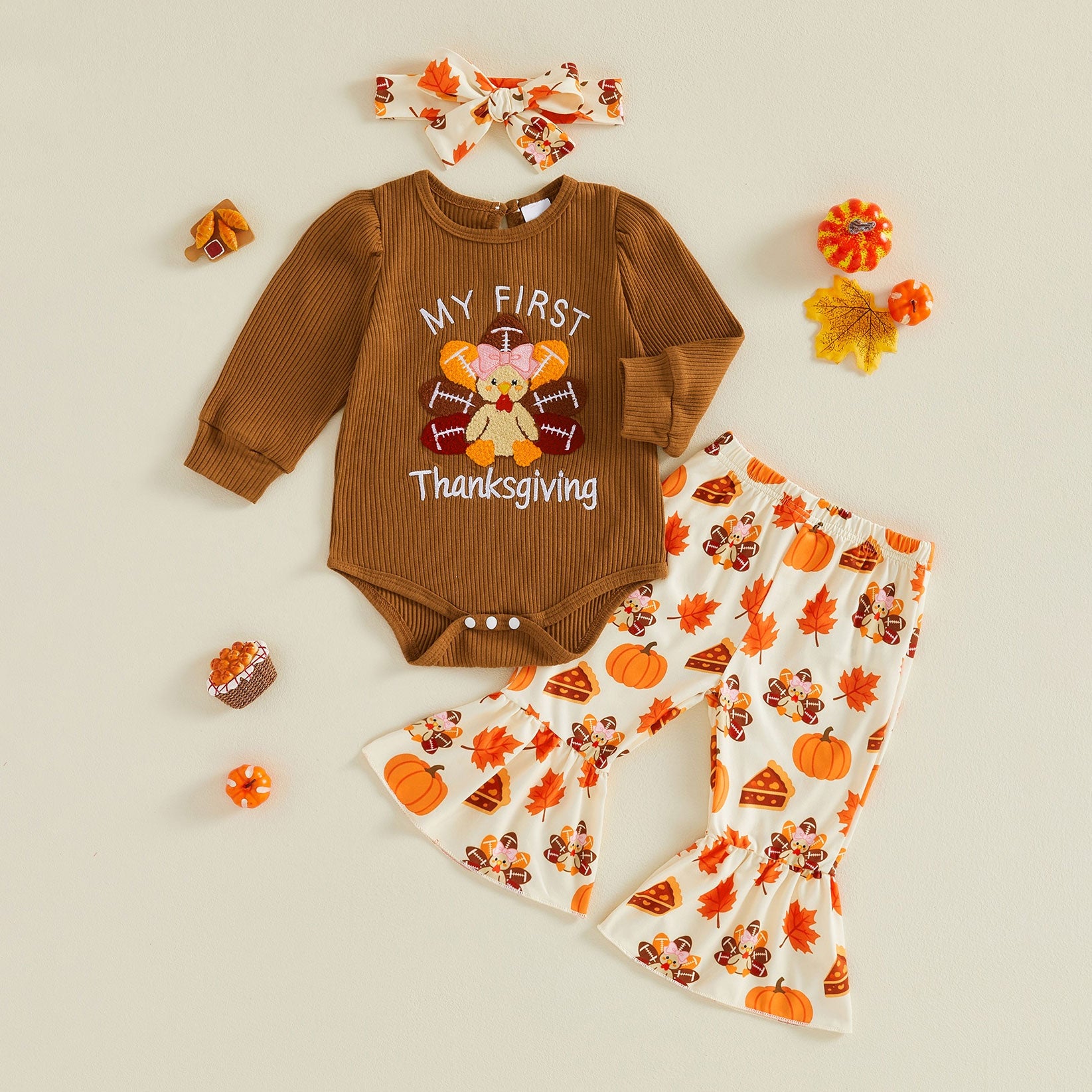 3PCS My First Thanksgiving Letter Turkey Print Long Sleeve Baby Girl Set