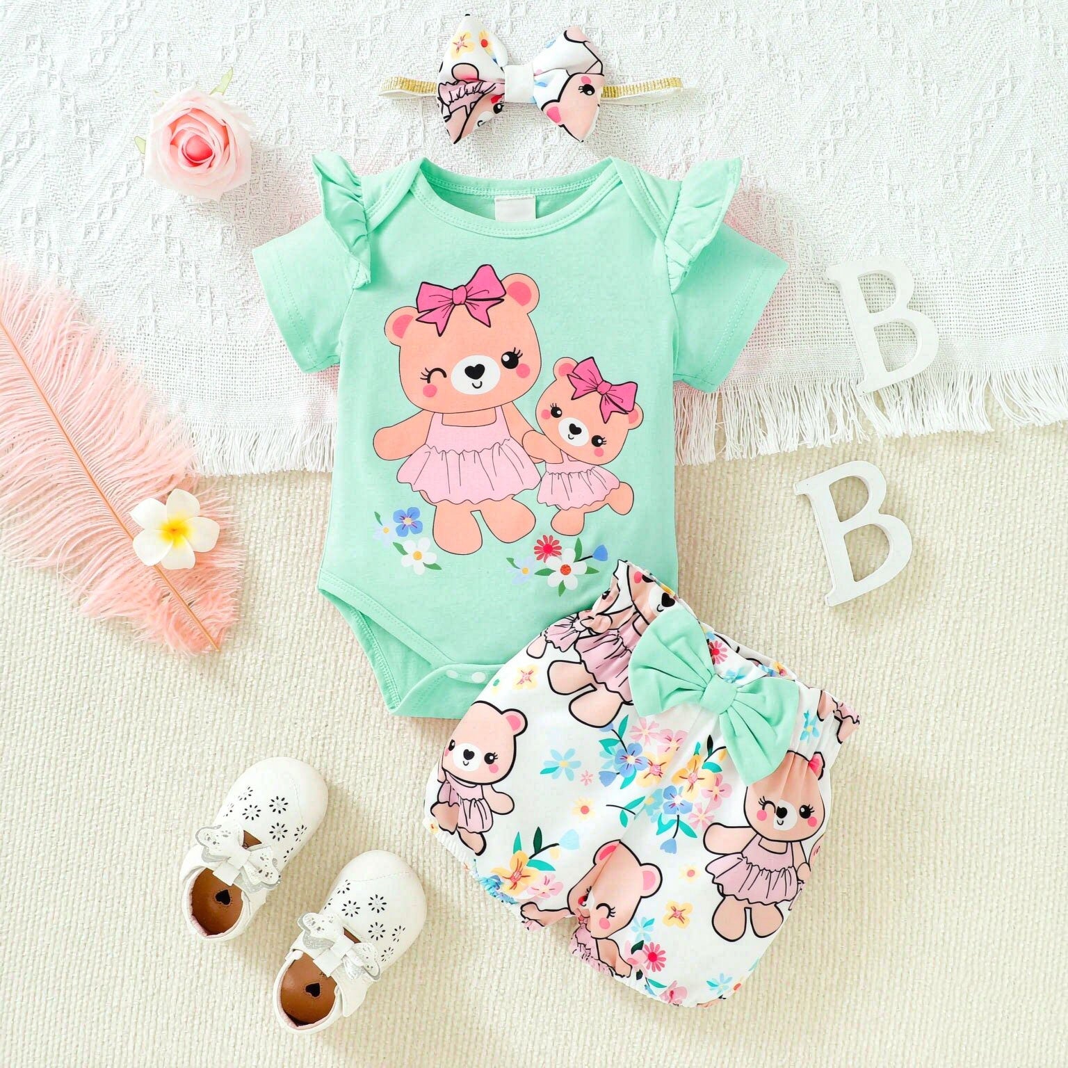 3PCS Sweet Bear and Floral Printed Short Sleeve Baby Girl Set
