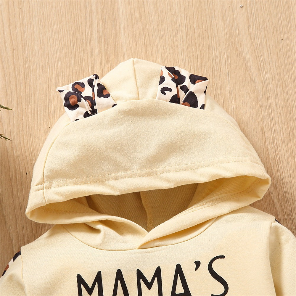 2PCS Mama's Bestie Letter Print Leopard Long Sleeve Hooded Baby Set