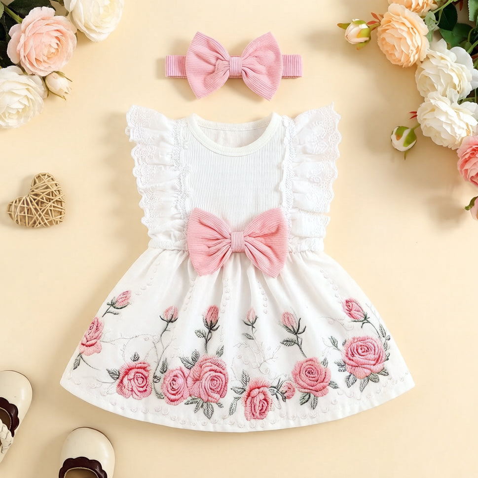 2PCS Adorable Floral Printed Flutter Sleeve Baby Dress