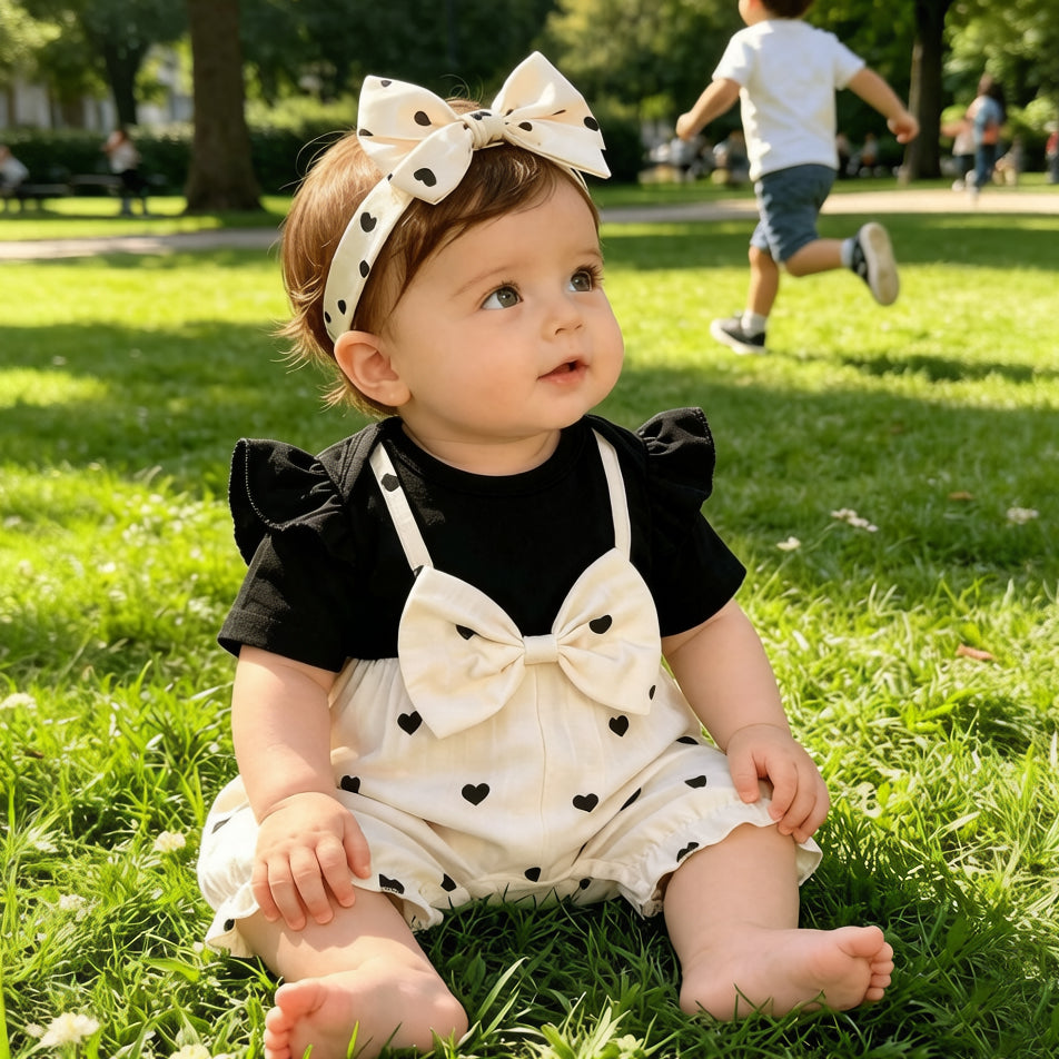 2PCS Chic Color Blocking Heart Print Short Sleeve Baby Jumpsuit