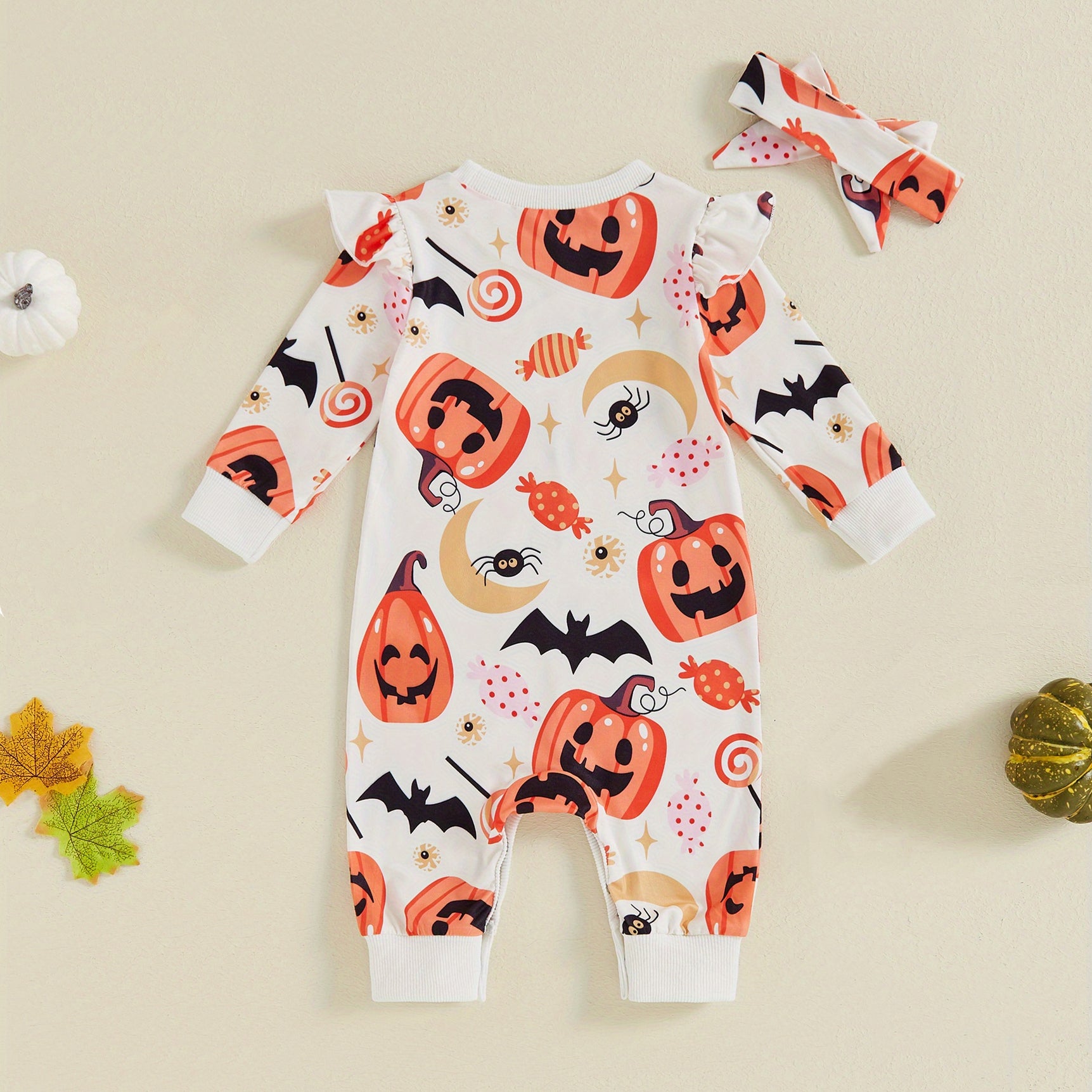 2PCS Halloween Pumpkin Bat Printed Long Sleeve Baby Jumpsuit