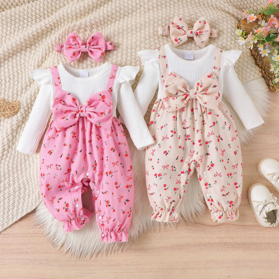 2PCS Sweet Floral Print Bowknot Long Sleeve Baby Jumpsuit