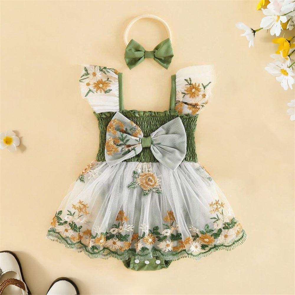 2PCS Casual Floral Embroidery Smocked Bow Flounce Sleeve Baby Romper
