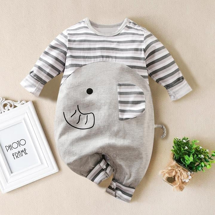 Cute Elephant Stripe Printed Baby Jumpsuit