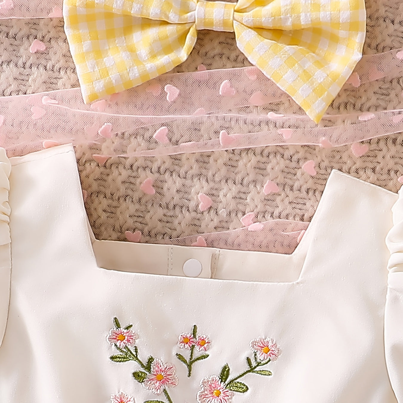 2PCS Floral Embroidery Plaid Print Short Sleeve Baby Romper