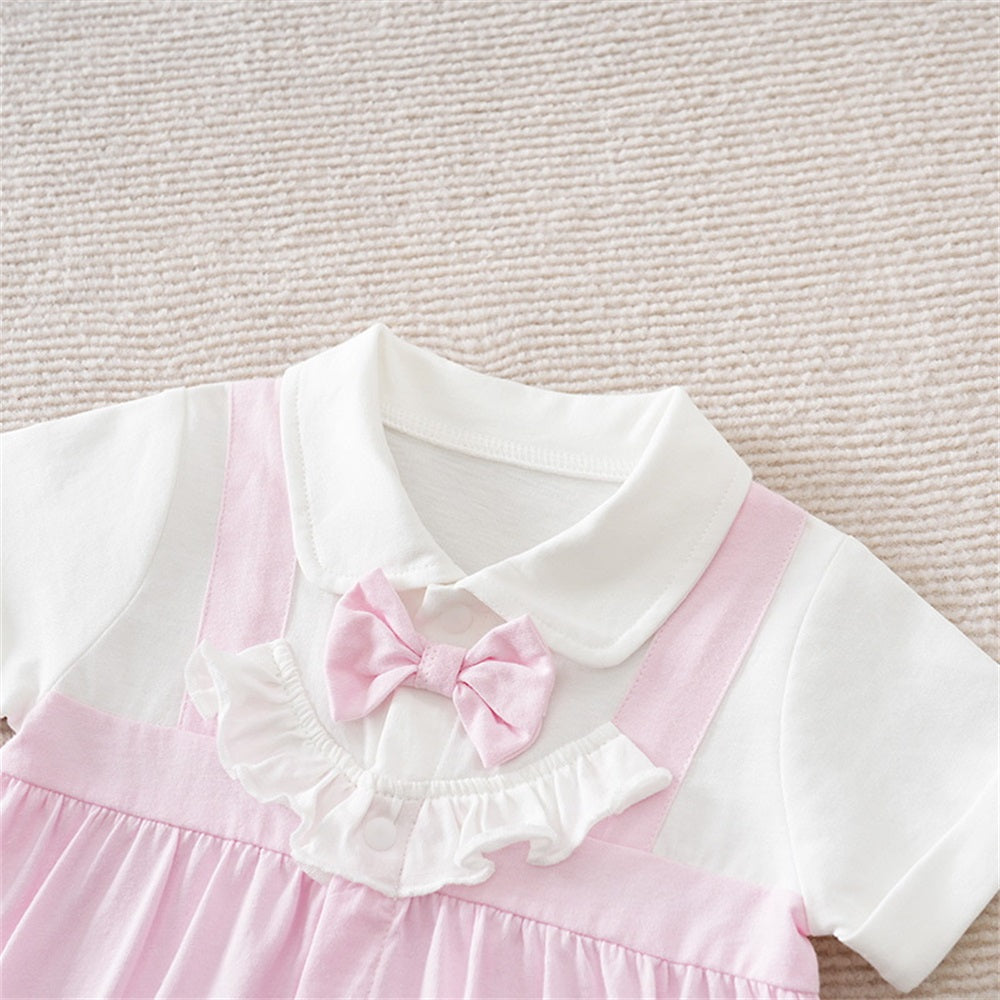 Sweet Pink Lapel Short Sleeve Baby Jumpsuit