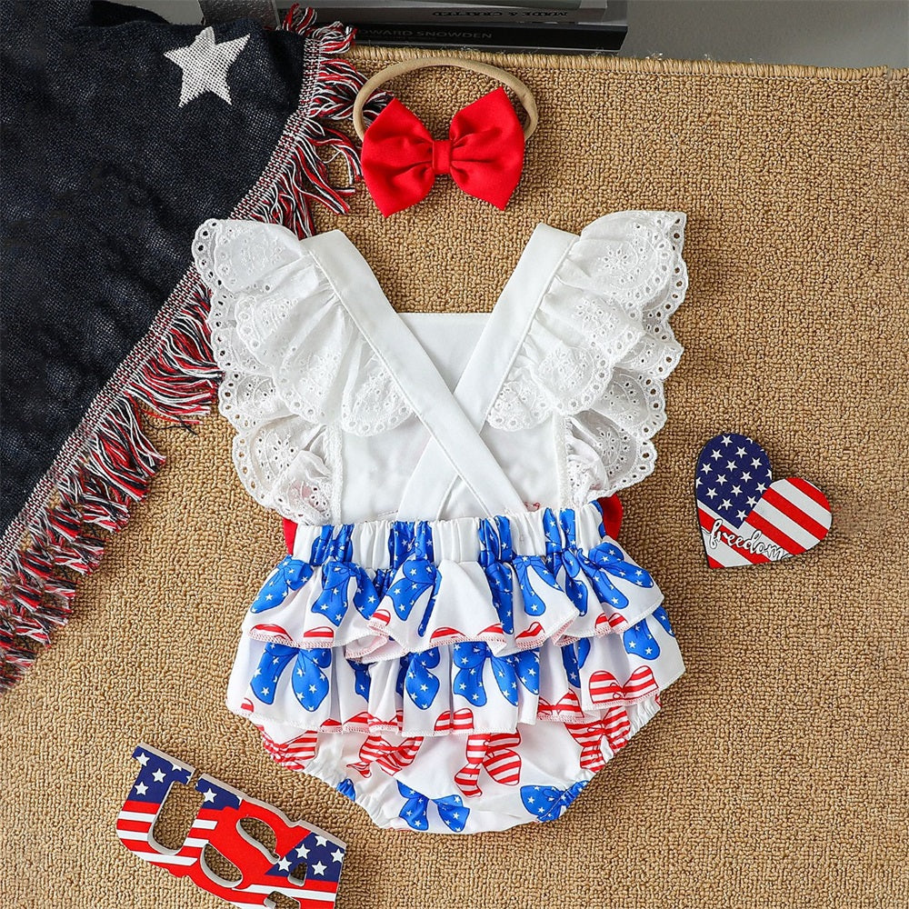 2PCS Independence Day Bow Printed Ruffled Sleeveless Baby Romper
