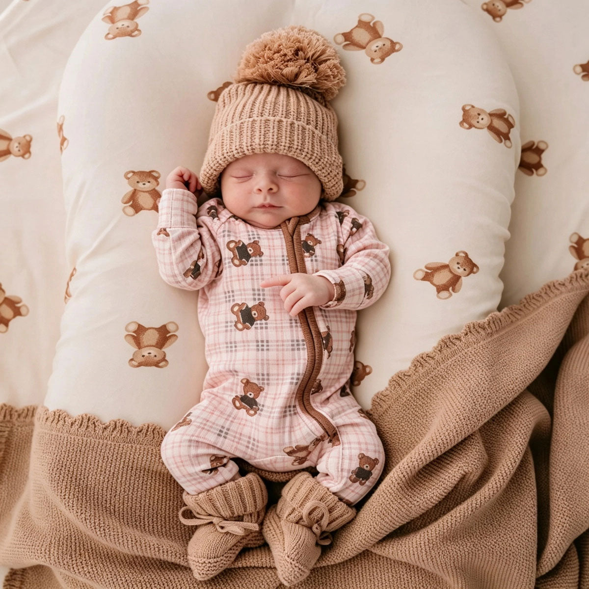 Lovely Teddy Bear Plaid Printed Zipper Long Sleeve Baby Jumpsuit