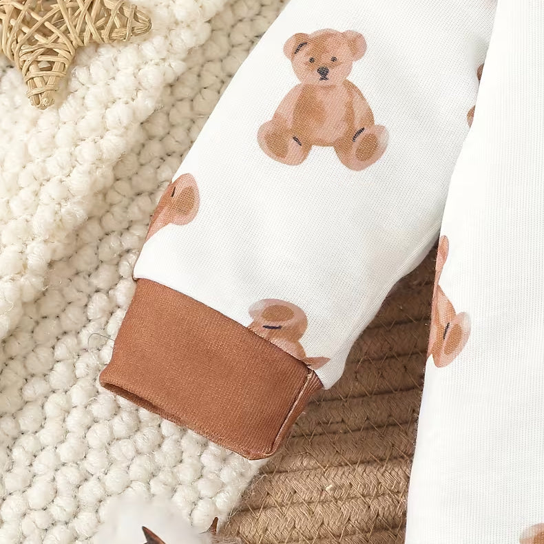 2PCS Delightful Teddy Bear Print Long Sleeve Baby Jumpsuit