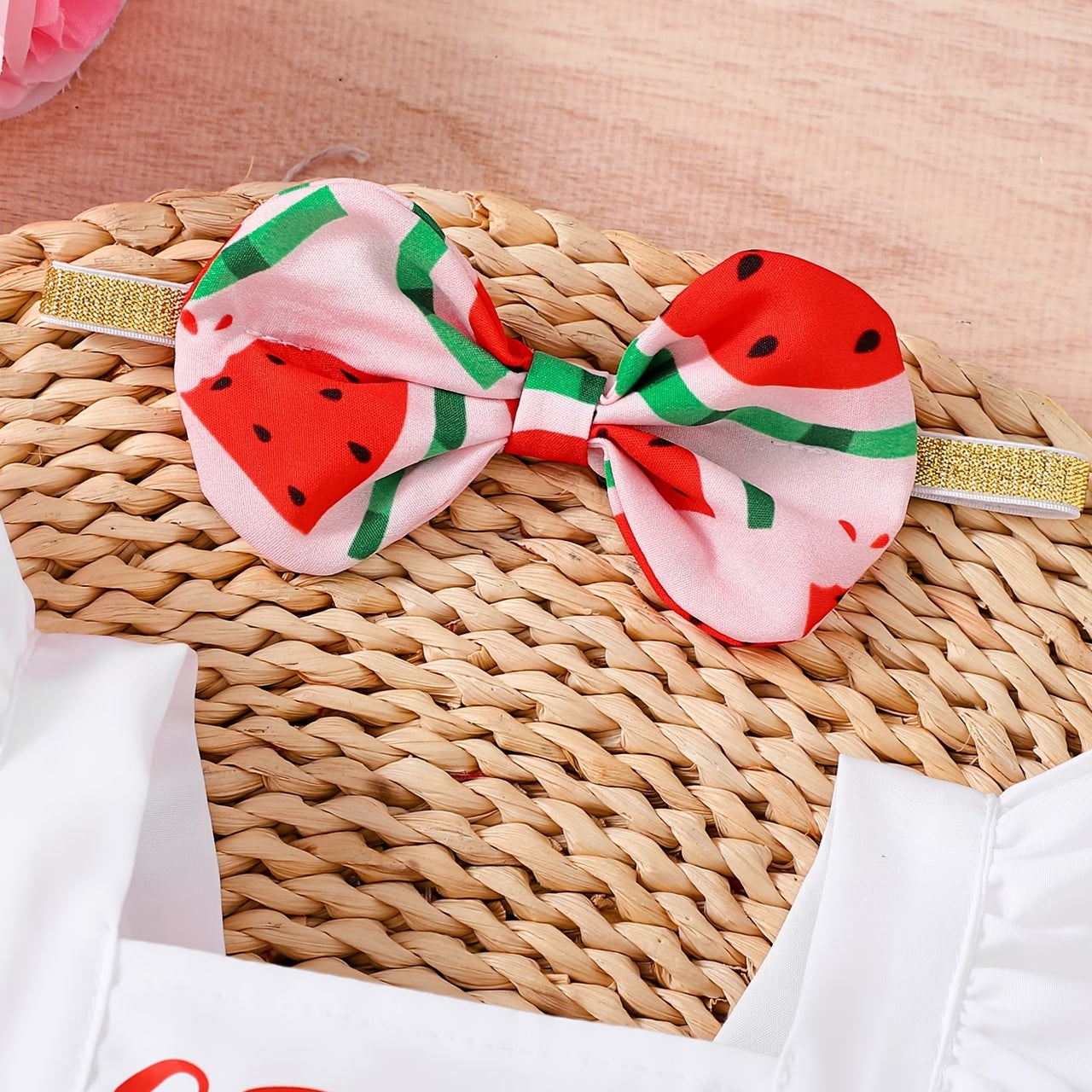 2PCS Sweet One Letter Watermelon Print Sleeveless  Baby Romper