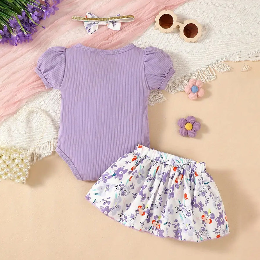 3PCS Daddy's Girl Mommy's World Letter Floral Print Puff Sleeve Baby Set