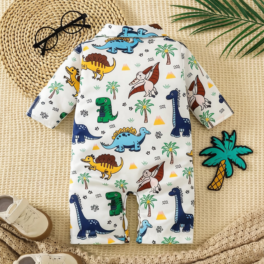 Casual Dinosaur & Tropical Palm Print Long Sleeve Baby Jumpsuit