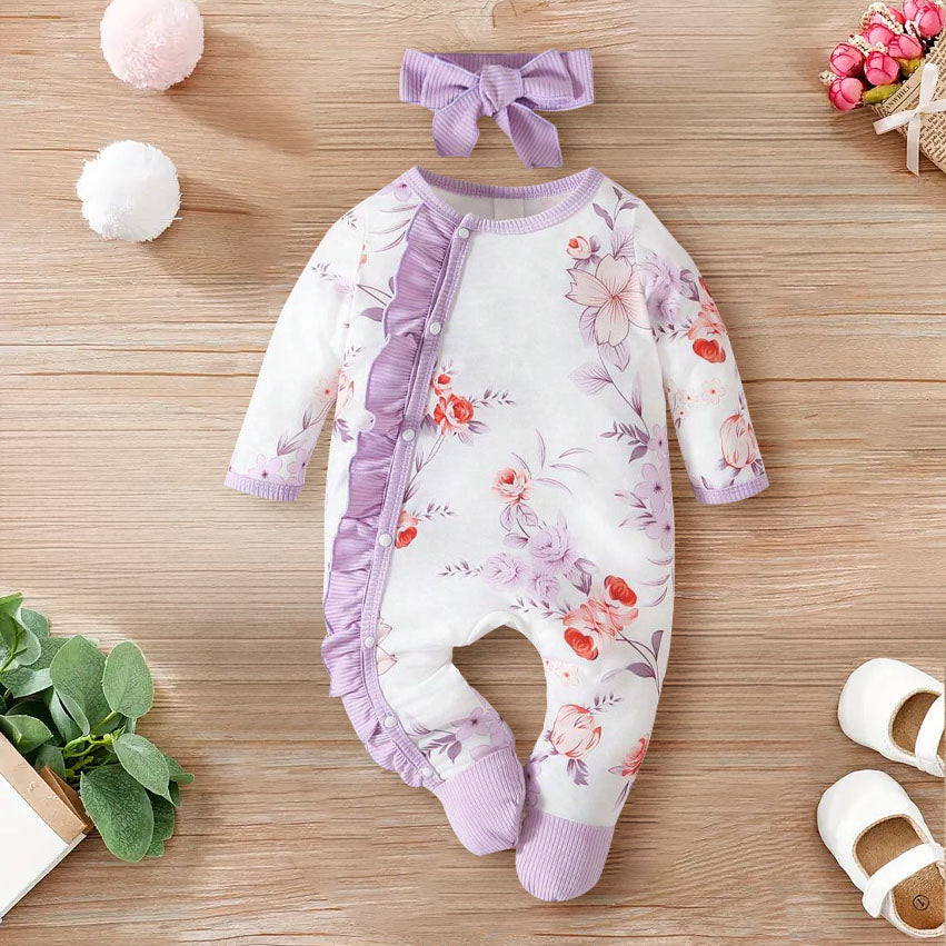 2PCS Pretty Floral Printed Ruffle Decor Long Sleeve Baby Jumpsuit