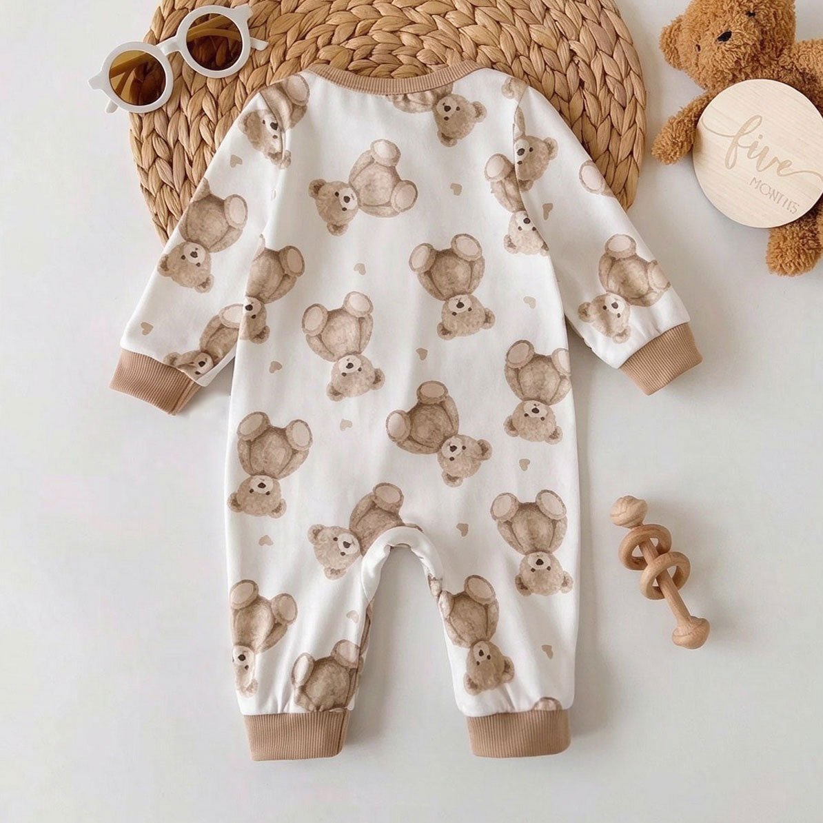 Lovely Teddy Bear Print Long Sleeve Zipper Baby Jumpsuit