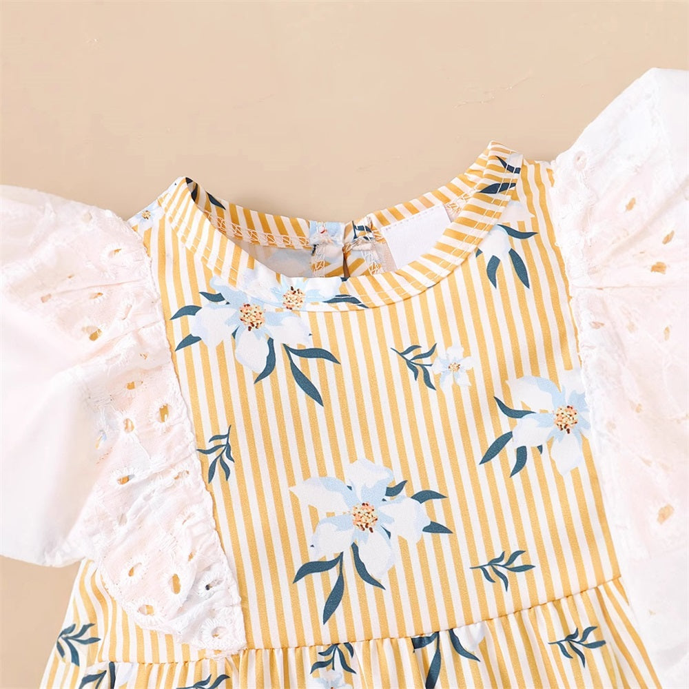 Floral Print Striped Lace Trim Sleeveless Baby Jumpsuit