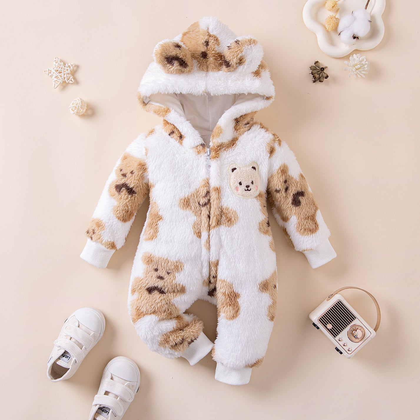 Fuzzy 3D Ear Bear Printed Zipper Baby Jumpsuit